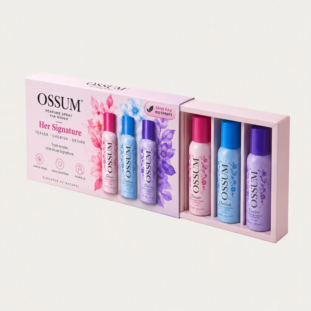 Coffret Her Signature, vue d’ensemble : TEASER · CHERISH · DESIRE, 3 × 120 ml